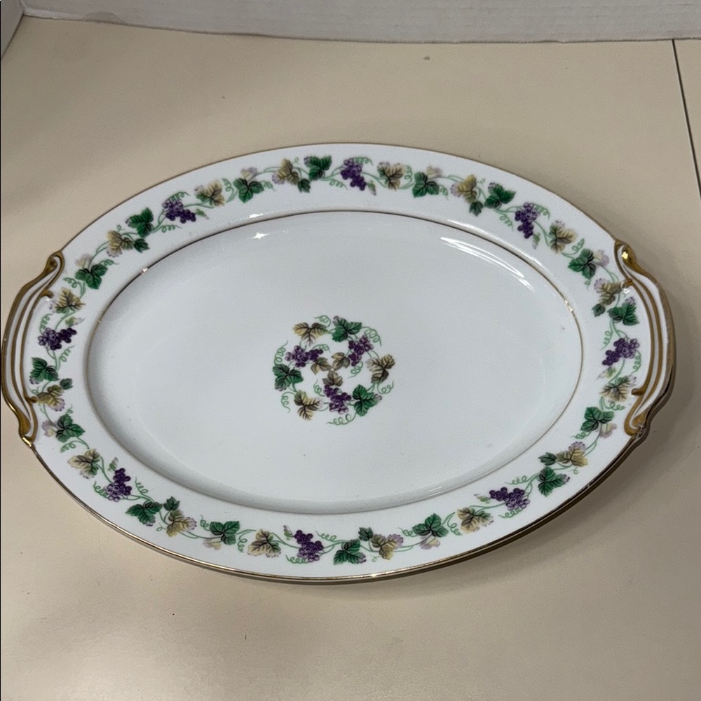 Noritake Tokay Oval Serving Platter 5168 Purple Grapes Green Leaves & Gold Trim